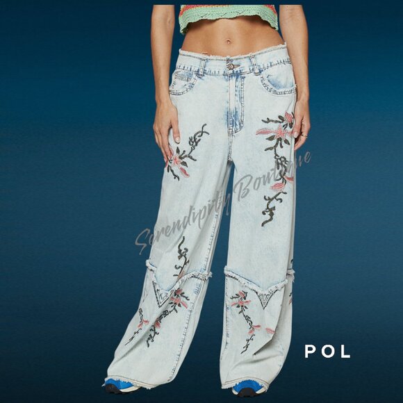 POL Floral Embroider Pre-Faded Super Baggy Flare Leg Acid Wash Blue Jeans - Picture 1 of 12